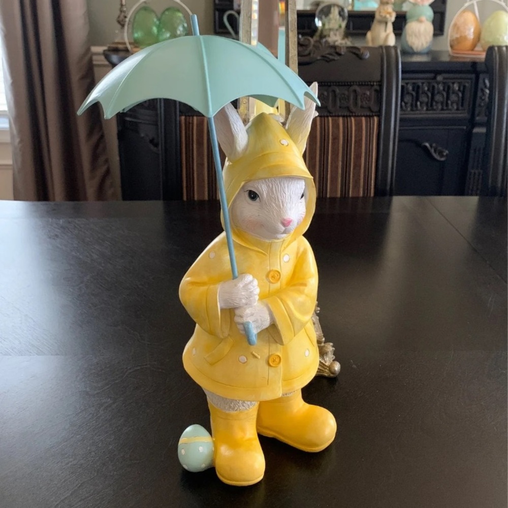 FAO Schwarz resin Easter bunny with raincoat and umbrella